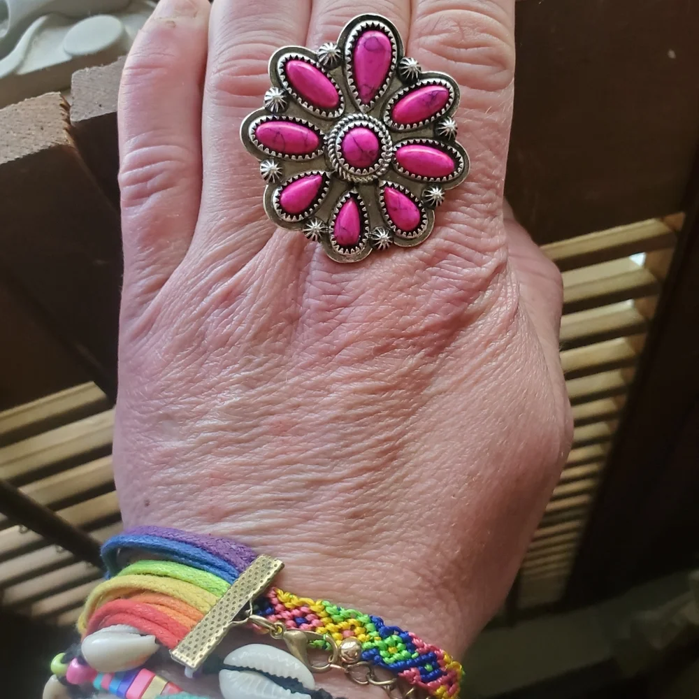 Free Spirit Boho Native South Western People Pink Stone Beaded Flower Ring
